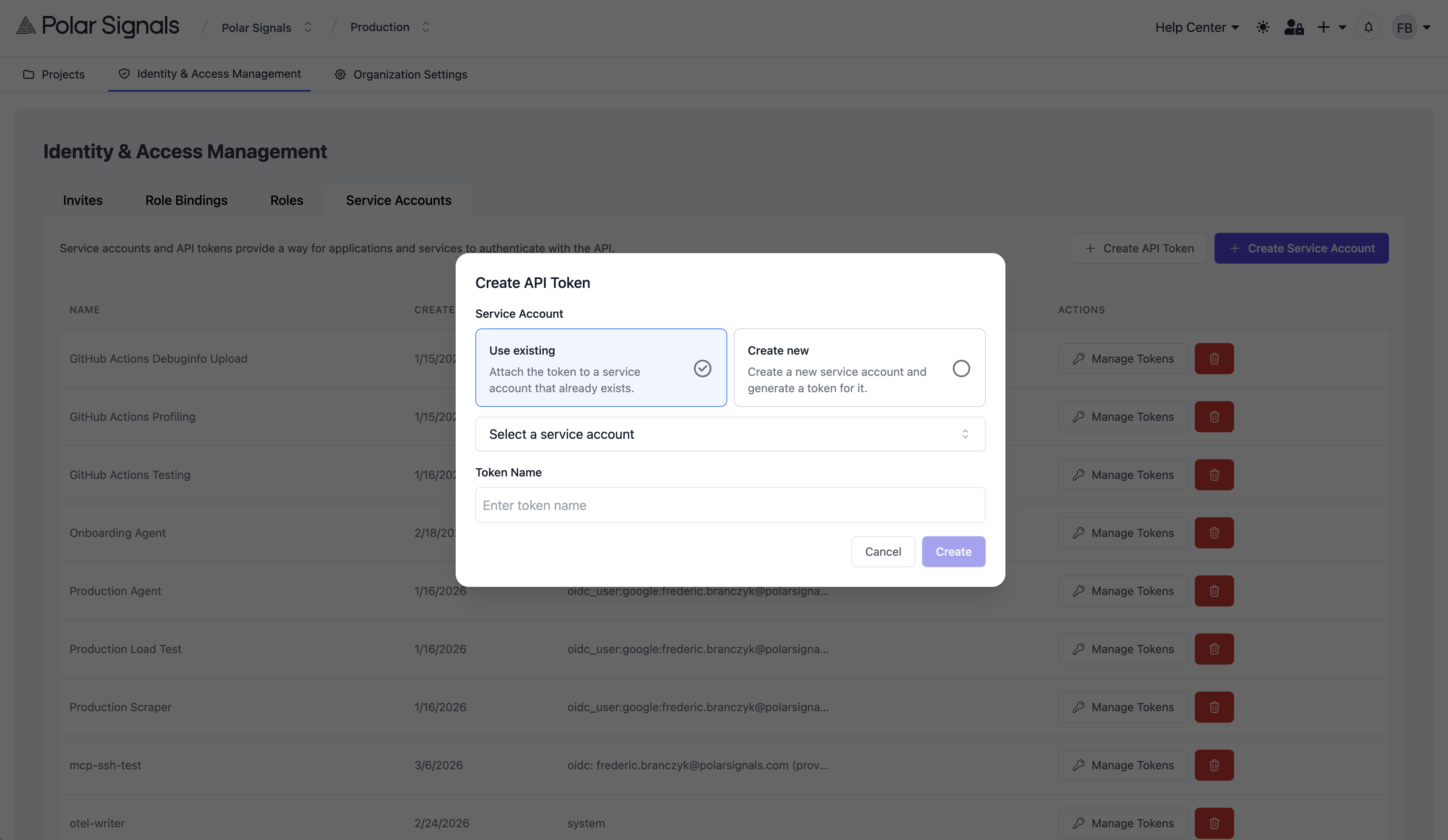 Create Token modal